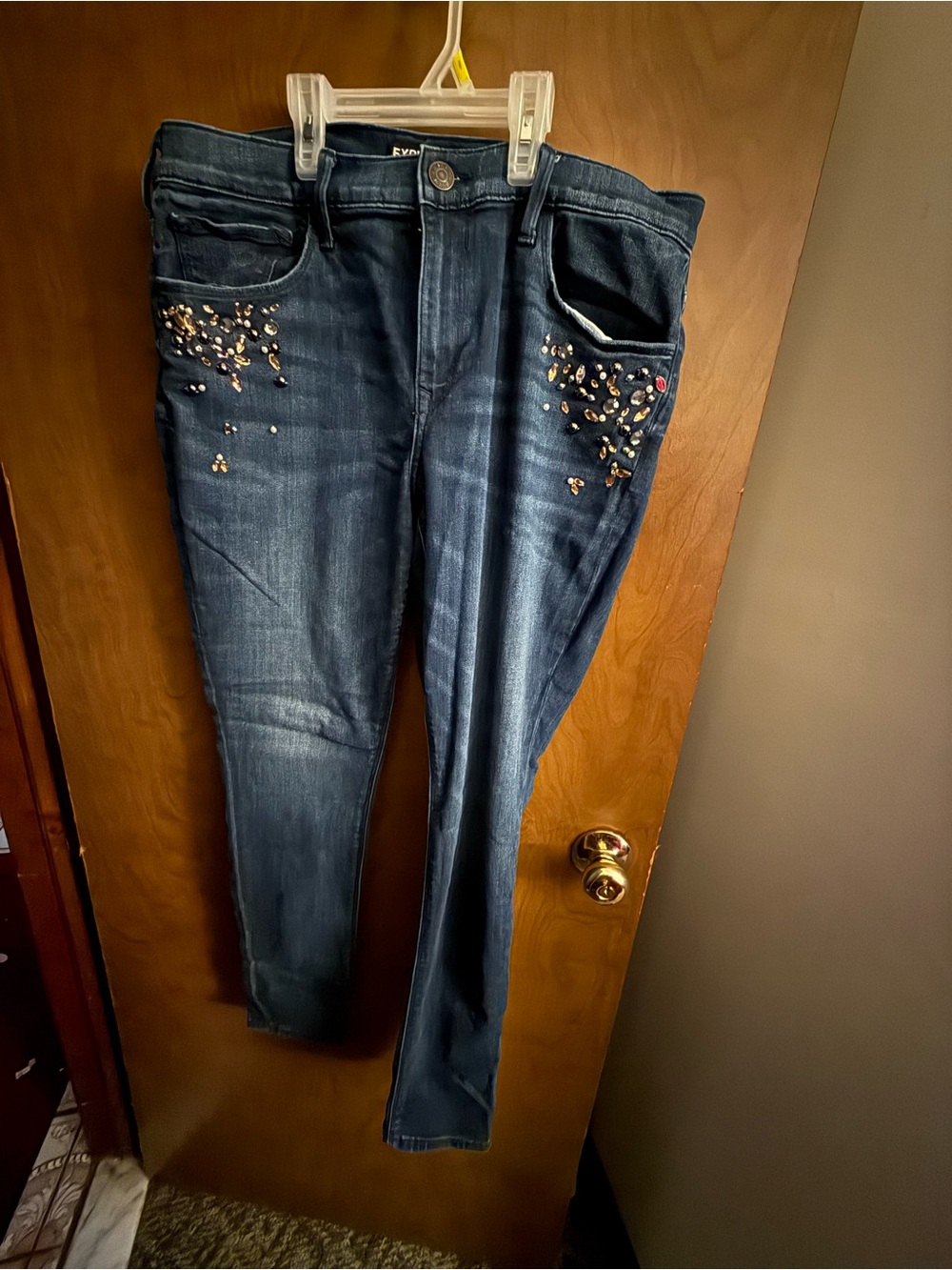 Express Dark Blue Skinny Jeans with Pocket Embellishments